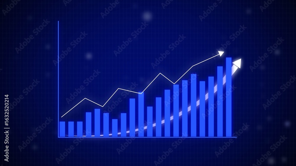 Poster ascending blue bar graph with white line graph and arrows on dark blue grid background chart