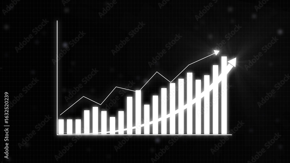 Poster white bar graph chart showing exponential growth on dark background with glowing arrows upward trend