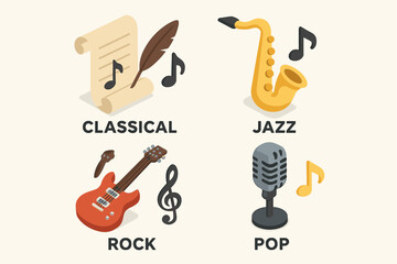 Isometric Music Genre Icon Set – Classical, Jazz, Rock, and Hip Hop Symbols