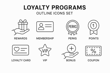 Loyalty Program Icons Set – Rewards, Membership, Points, Bonus and Coupon Outline Vector