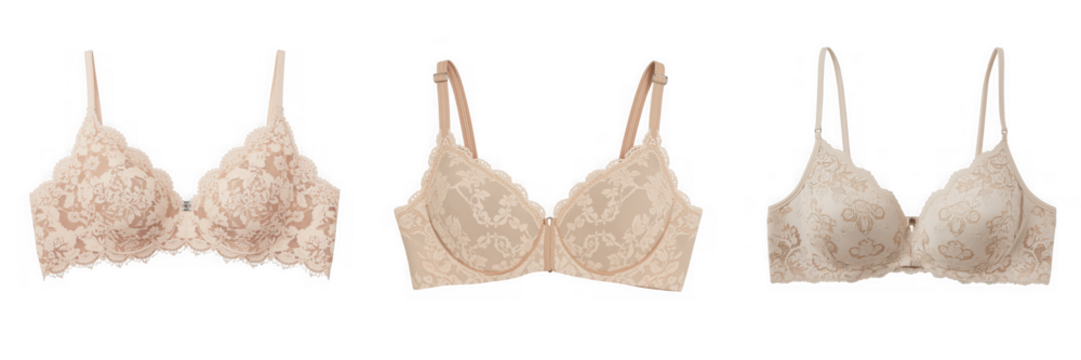 Three different styles of beige lace bras are displayed on a transparent background in a studio shot