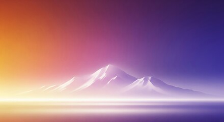 Fototapeta premium Serene Mountain Landscape Bathed in a Vibrant Sunset Gradient of Orange Purple and Blue Hues with a Soft Light Effect Across the Foreground
