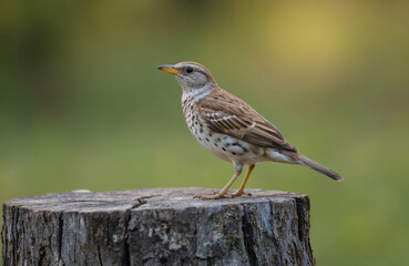 Brown bird with white belly and chest perched on gray tree stump. Calm and relaxed small bird with folded wings and bent legs. Wild bird species perched on wooden stump.