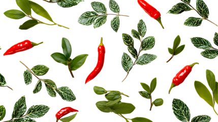 A piece of herbal leaves and chili pepper on a white background. Vegetable pattern. Flowers and vegetables on wa hite background. Top view, flat lay isolated on a white background