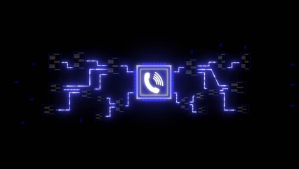 Blue Neon Circuit Board with White Phone Icon in Central Square Glowing Digital Technology Network Communication