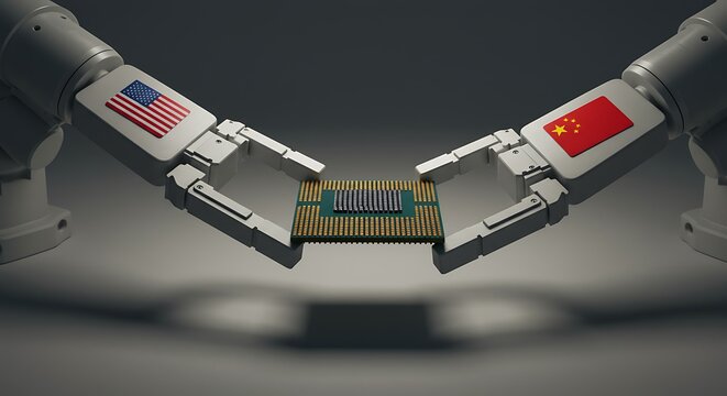 Robotic arms displaying US and China flags exchange advanced computer chip in symbolic tech negotiation