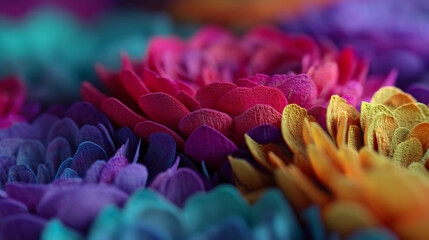 A vibrant and colorful abstract close up of textured petal like shapes in varying hues and depths
