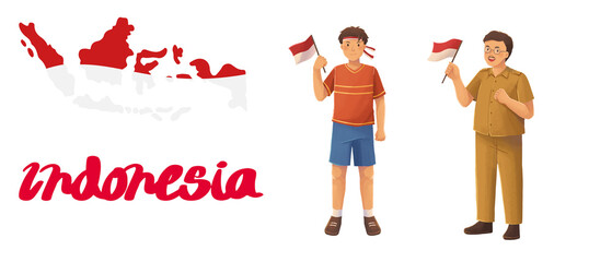 Indonesia Map, Flag & People Celebrating National Day Vector Illustration
