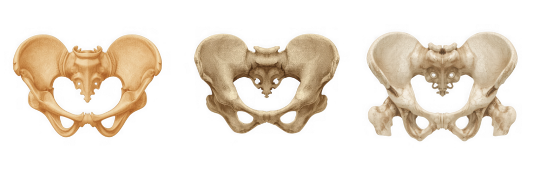 Illustration of the human pelvis showing the bones that make up the structure and their anatomical relationships isolated on transparent background - Powered by Adobe