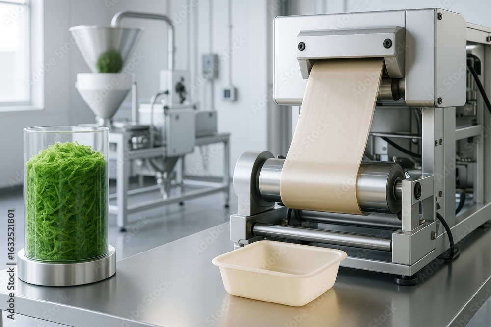 Poster bioplastic food container production using algae fibers in advanced lab equipment on light backgroun