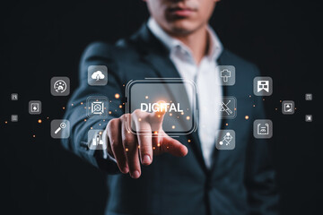 Businessman interacting with a digital interface showcasing modern technology and innovative solutions in a connected global network environment