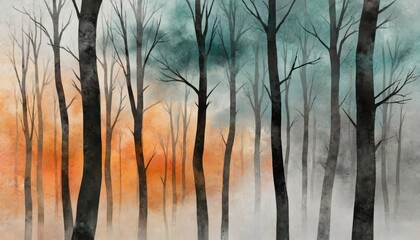 Serene winter scene features row of snow-covered trees. Tall trees stand in diagonal line from left to right. White snowflakes adorn tree branches. Light blue background with wispy clouds.