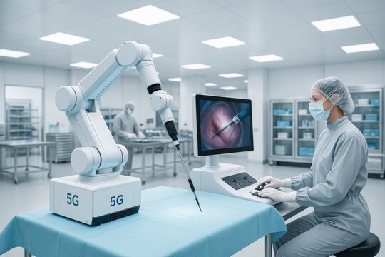Surgeon operating robotic medical arm via 5G connection in high-tech hospital environment using screen-guided precision system in sterile room. Ai generative