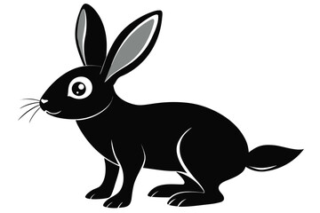 A sleek black rabbit poses gracefully, showcasing its gray inner ears on a white background