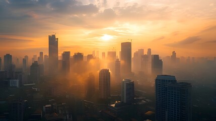 Aerial view of a modern city skyline at golden hour with dramatic sunlight piercing through urban high-rise buildings