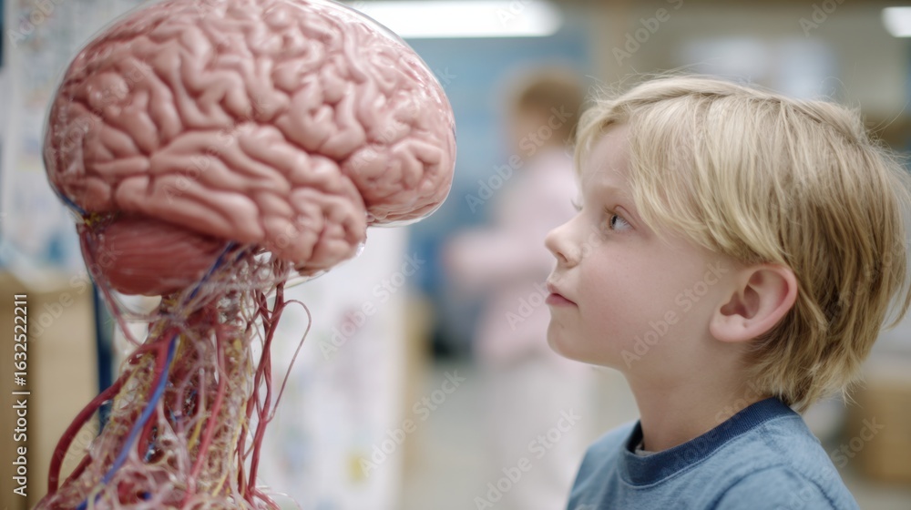 Poster young childs fascinated face lights up while engaging with the brain area of a lifesize interactive 