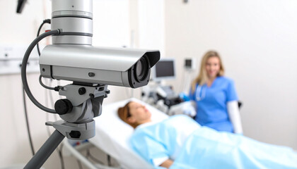 Hospital Security and Care: A focused image presents a surveillance camera in a hospital room, with a doctor attending to a patient in the background.