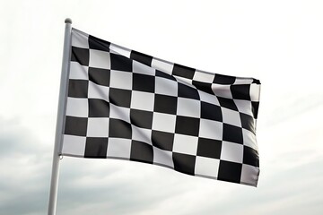 Fototapeta premium Checkered flag waving in the wind, symbolizing the finish line of a race, victory, and success in sports, with a background of sky and clouds, representing achievement