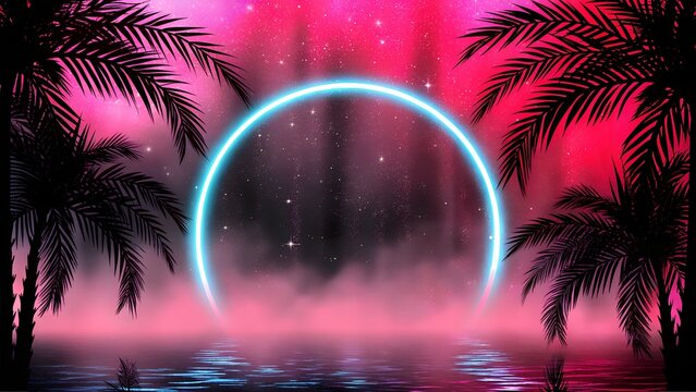 Neon Circle and Palm Trees: A Synthwave and Retrowave Background - Powered by Adobe