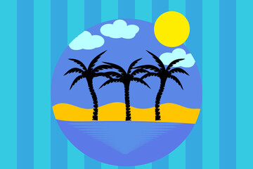 Blue lines background design with palm trees and sea landscape