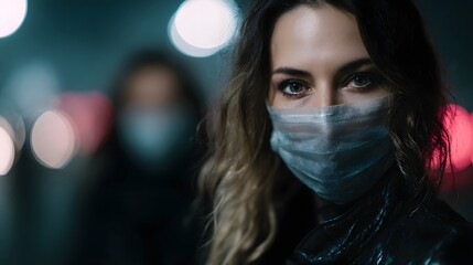 Woman wearing protective face mask on city street at night