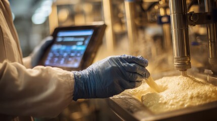 A technician inspecting the viscosity of the fermentation mixture using a handheld device underscoring the importance of quality control in developing animalfree dairy alternatives.