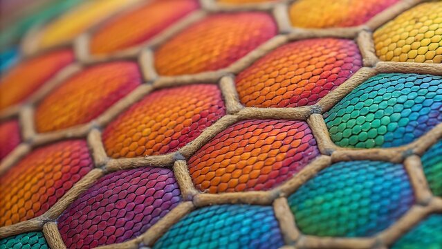 Detailed Close-Up of Insect Eye Structure Featuring Vibrant Colorful Ommatidia and Hexagonal Pattern for Science Education.