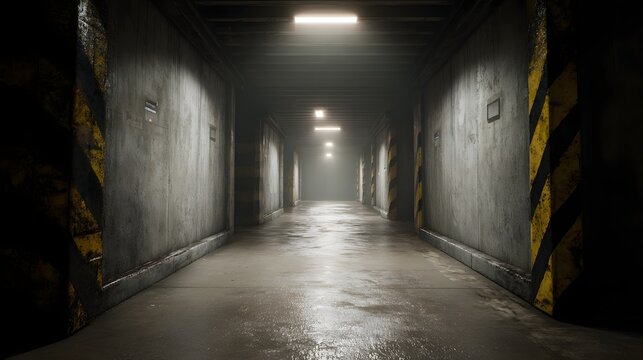 A dimly lit industrial hallway in a nuclear waste storage facility