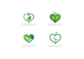 Eco Heart Logo set design,Heart with leaf logo Bandel design. Green heart logo vector design