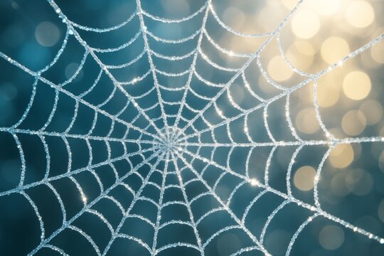Intricate frosty spider web sparkling in sunlight with bokeh light background on a cold winter morning, symbolizing delicate natural beauty and fragility. Ai generative