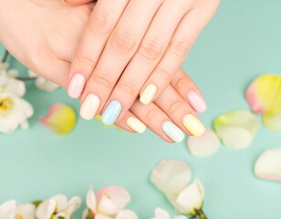 Woman’s hands with pastel pink blue yellow manicured nails on a floral background Easter spring summer design