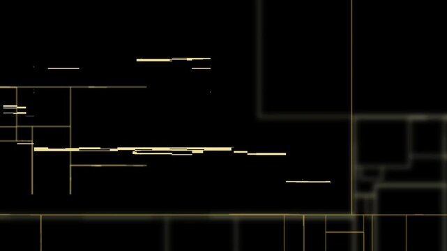 黒と金のフレームが交差する未来的な背景映像、幾何学的ラインのデジタルモーション