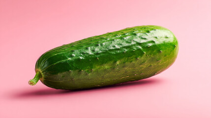 A single fresh green cucumber isolated on a pink background in a studio setting with soft lighting