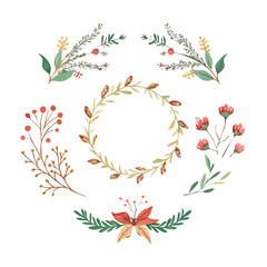 Obraz premium Big set with wreath, design elements, frames, calligraphic. Vector floral illustration with branches, berries, feathers and leaves