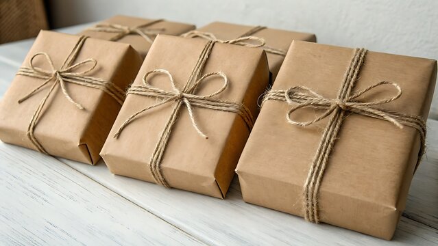 Neatly Wrapped Packages with Natural Jute Twine on a White Wooden Surface Conveying a Minimalist and Rustic Aesthetic.