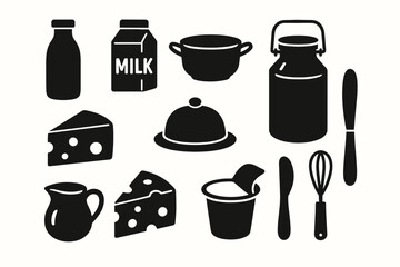 Dairy Tools Silhouette Icon Set – Milk Production and Farm Equipment