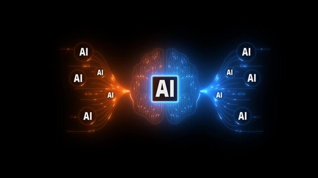 Person using dives with AI agents screen on display, business and agentic ai technology concept, dark moody atmosphere. Glowing ai agent emblem surrounded by digital networks and swirling blue energy