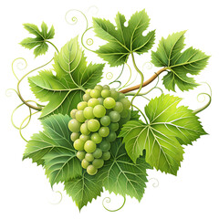 Obraz premium Green Grape Cluster with Leaves and Vines Elegant Illustration on Transparent Background