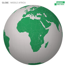 Vector Globe centered to Middle Africa. Snow White Forest Green palette. World map with meridians, parallels, countries, rivers and lakes. Appealing vector illustration.