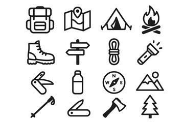 Fototapeta premium Camping and Hiking Icons Set – Outdoor Adventure and Survival Gear Symbols