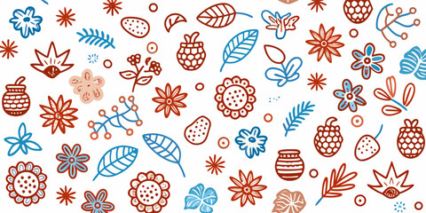Floral pattern flowers leaves nature design botanical art seamless background spring drawing vector illustration vector illustration
