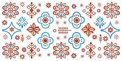Floral folk art pattern design with flowers, stars, geometric shapes, and decorative elements in red and blue hues vector illustration