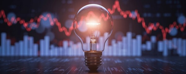 Lightbulb shines bright in cityscape with varied building heights and colors. Urban skyline with creative marketing strategy and online sales concept illuminated by glowing lightbulb.