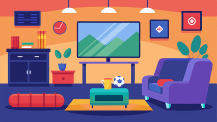 A lounge area with comfortable couches and a large flat screen TV playing the latest sports game.
