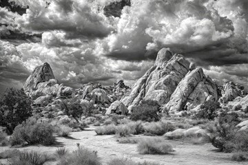 Black and white desert landscape with dramatic clouds.  Rocky peaks and scrub brush under a stormy sky