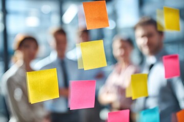 Team collaborating with sticky notes on glass wall, generating ideas