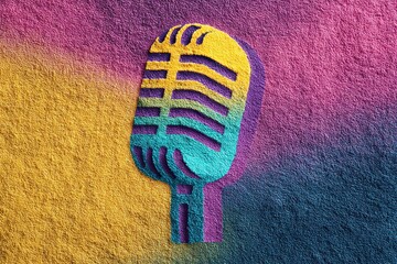 Vibrant retro microphone design on textured background; rainbow colors
