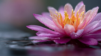 Close up of a pink lotus flower with water droplets on its petals and yellow center in water