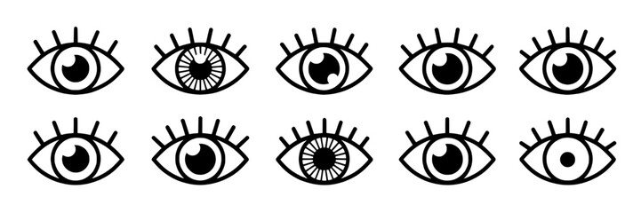 Set of ten simple black and white vector eye icons with eyelashes, pupils, and irises in various styles. Monochrome line art illustration collection for vision, sight, and observation concepts. Design