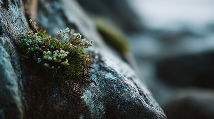 Close up of green moss and small white flowers growing on a rock face in a blurred background